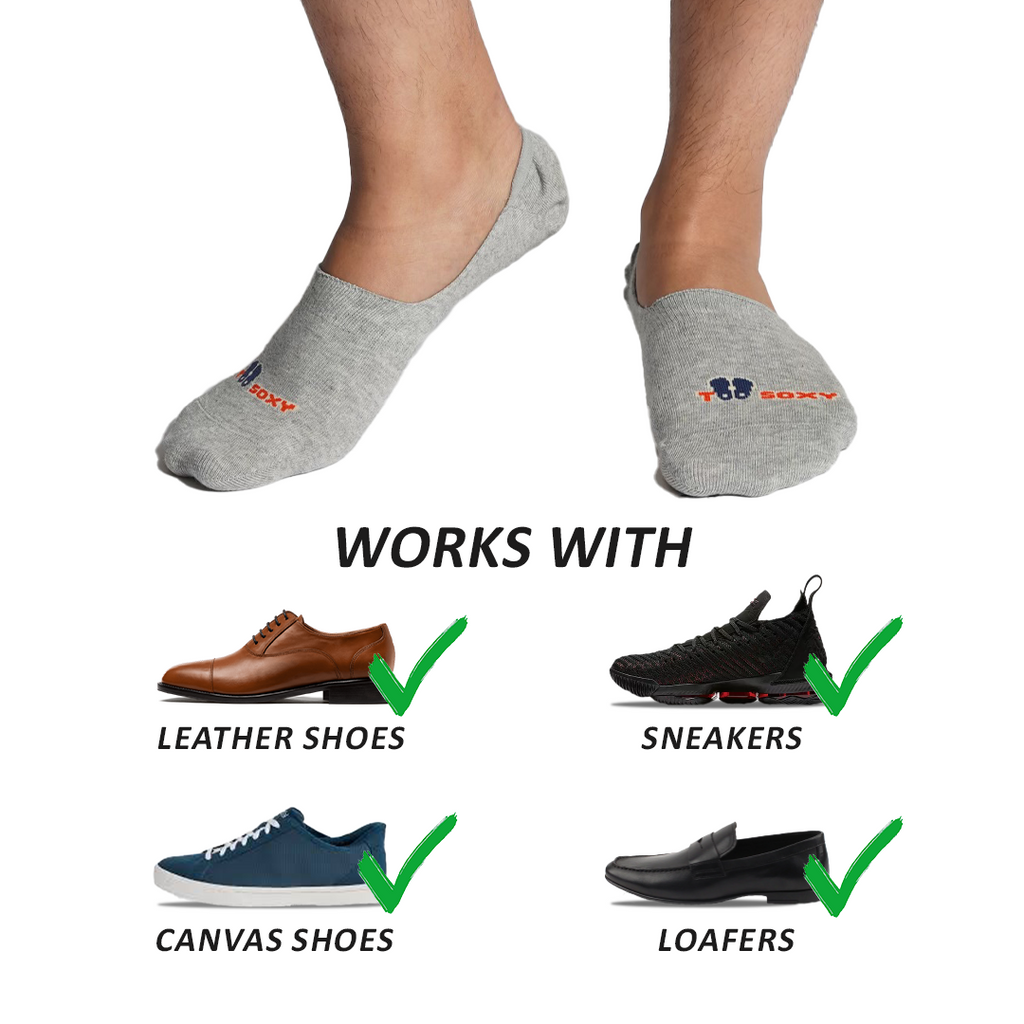 Grey Too Soxy No Show Socks that work with leather shoes, sneakers, canvas shoes and loafers